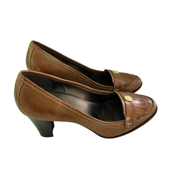 Talbots Shoes - Talbots NWT Stunning Y2K Caramel Leather Fringe Logo Heels Size 10B